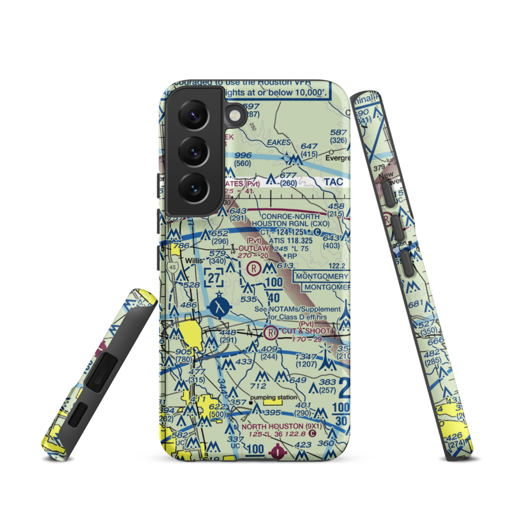 Outlaw Flyers Airport (16XS) VFR Sectional Samsung Phone Case Samsung Galaxy S22 model shown
