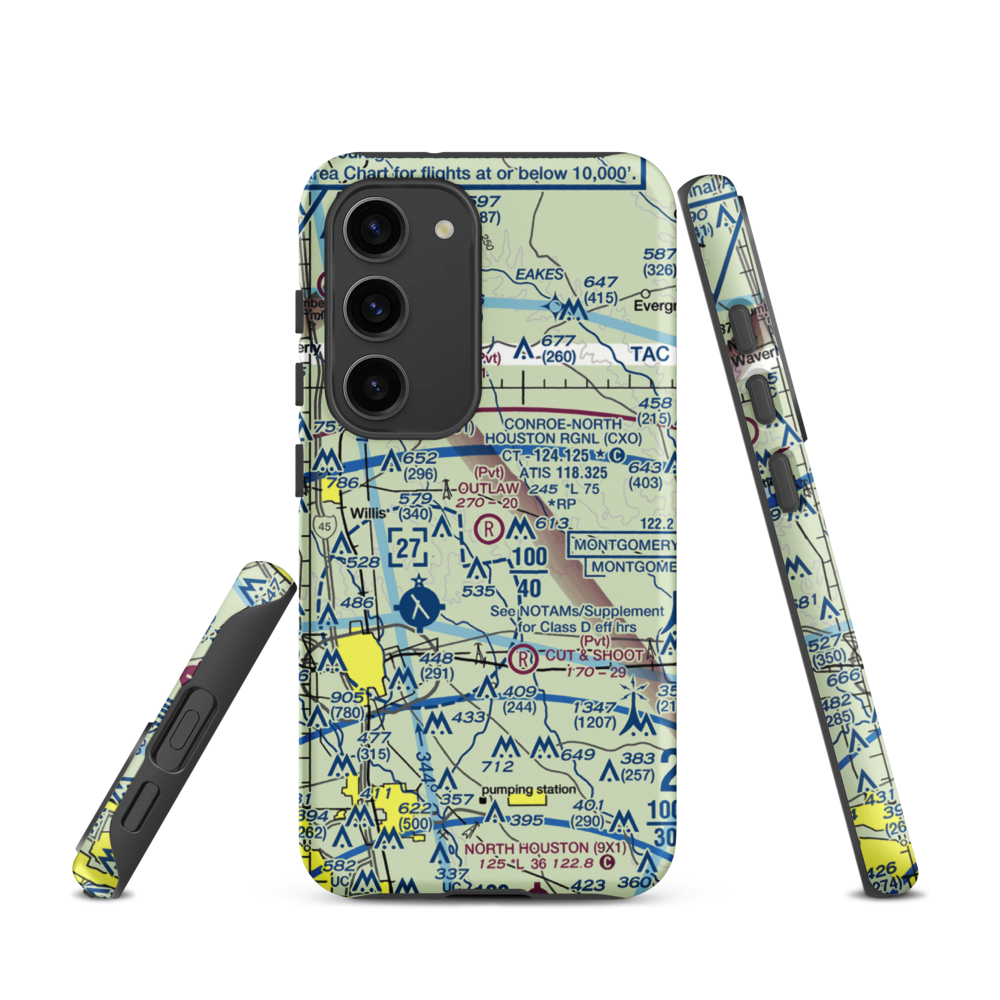 Outlaw Flyers Airport (16XS) VFR Sectional Samsung Phone Case Samsung Galaxy S23 model shown