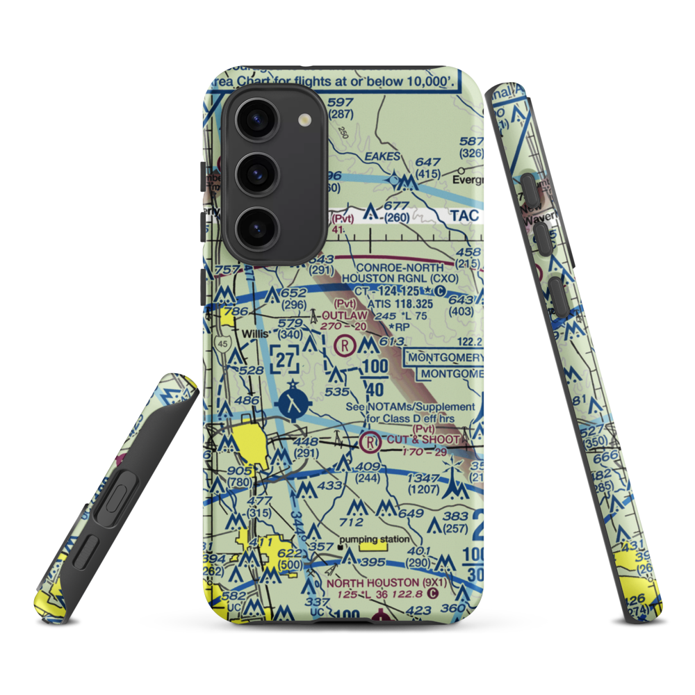 Outlaw Flyers Airport (16XS) VFR Sectional Samsung Phone Case Samsung Galaxy S23 Plus model shown