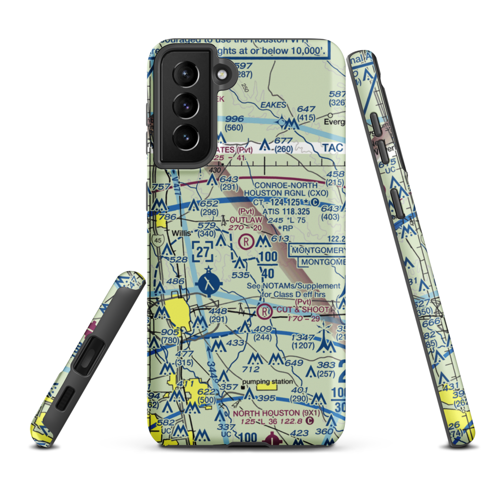 Outlaw Flyers Airport (16XS) VFR Sectional Samsung Phone Case Samsung Galaxy S21 Plus model shown