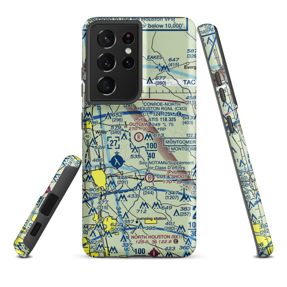 Outlaw Flyers Airport (16XS) VFR Sectional Samsung Phone Case Samsung Galaxy S21 Plus model shown