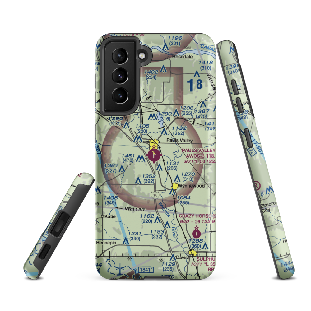 Pauls Valley General Hospital Heliport (05M) VFR Sectional Samsung Phone Case Samsung Galaxy S21 FE model shown