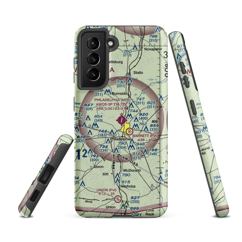 Philadelphia Municipal Airport (MPE) VFR Sectional Samsung Phone Case Samsung Galaxy S21 FE model shown