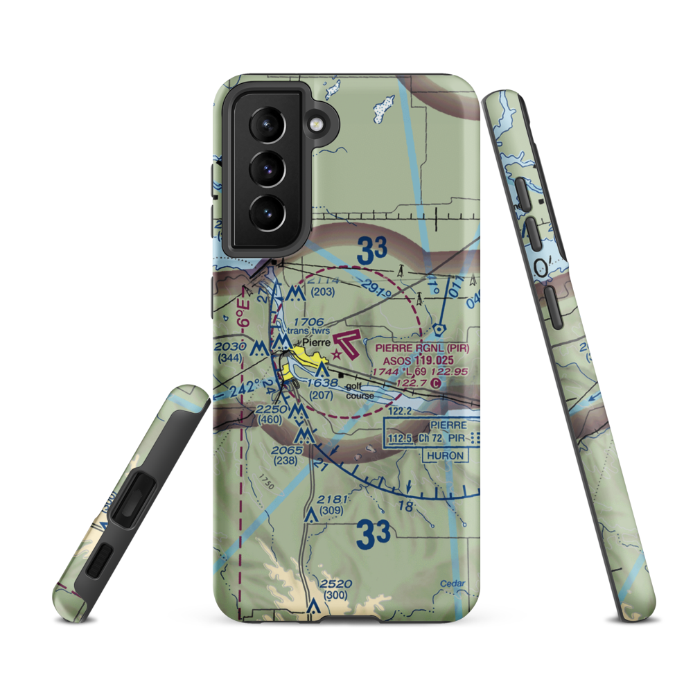 Pierre Regional Airport (PIR) VFR Sectional Samsung Phone Case Samsung Galaxy S21 FE model shown