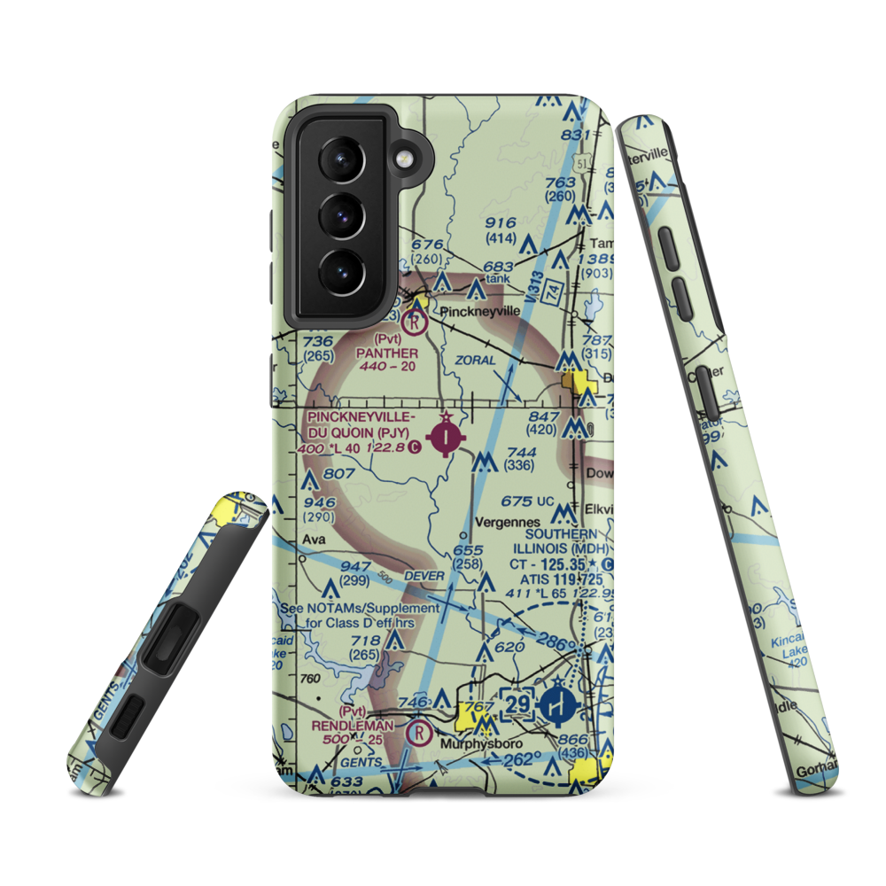 Pinckneyville Du Quoin Airport (PJY) VFR Sectional Samsung Phone Case Samsung Galaxy S21 FE model shown