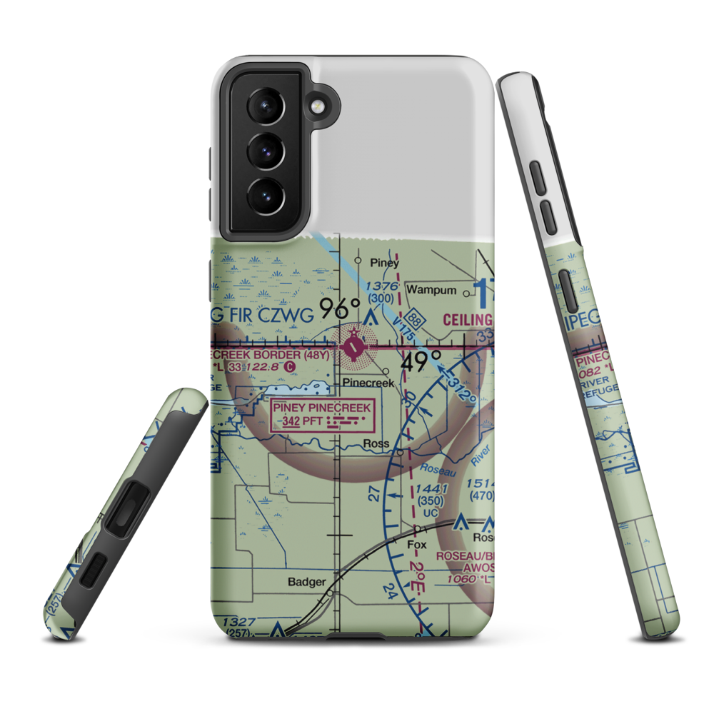 Piney Pinecreek Border Airport (48Y) VFR Sectional Samsung Phone Case Samsung Galaxy S21 Plus model shown