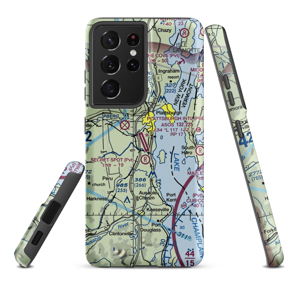 Plattsburgh International Airport (PBG) VFR Sectional Samsung Phone Case Samsung Galaxy S21 Plus model shown