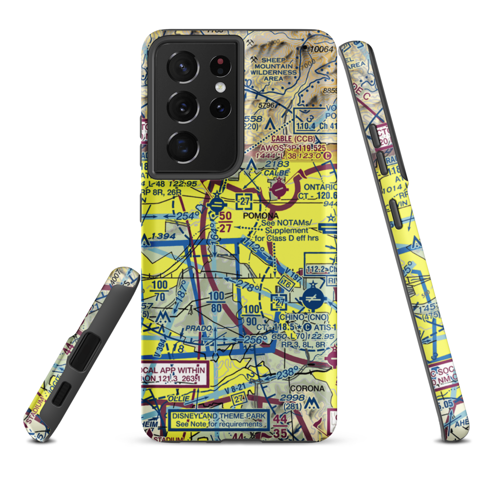 Pomona Superior Court Heliport (99L) VFR Sectional Samsung Phone Case Samsung Galaxy S21 Plus model shown