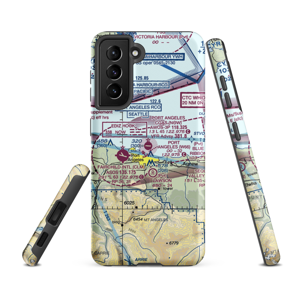 Port Angeles Cgas Airport (NOW) VFR Sectional Samsung Phone Case Samsung Galaxy S21 FE model shown