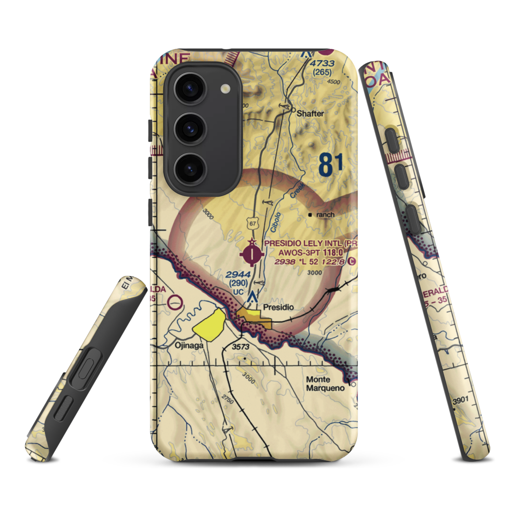 Presidio Lely International Airport (PRS) VFR Sectional Samsung Phone Case Samsung Galaxy S23 Plus model shown