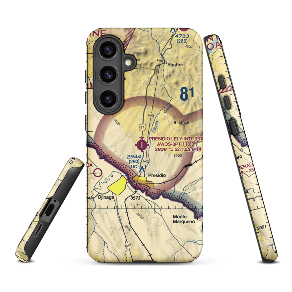 Presidio Lely International Airport (PRS) VFR Sectional Samsung Phone Case Samsung Galaxy S24 Plus model shown