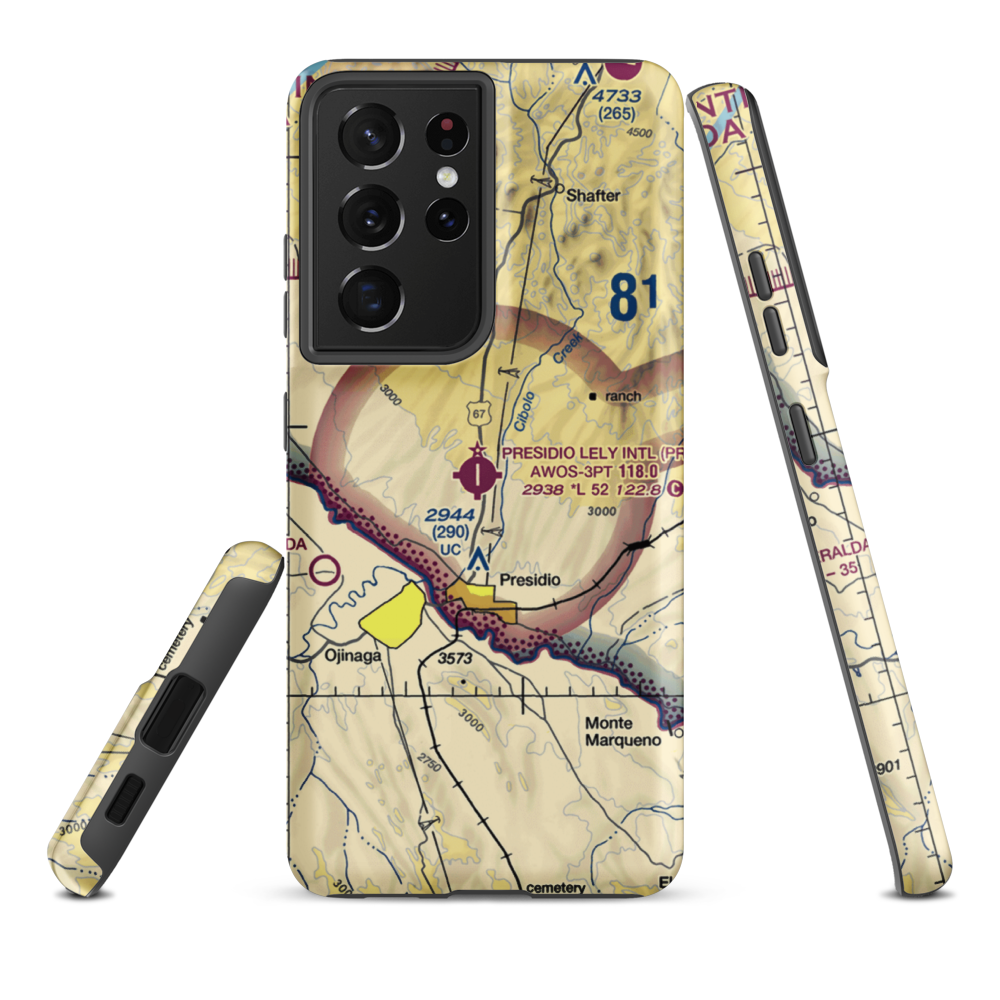 Presidio Lely International Airport (PRS) VFR Sectional Samsung Phone Case Samsung Galaxy S21 Plus model shown