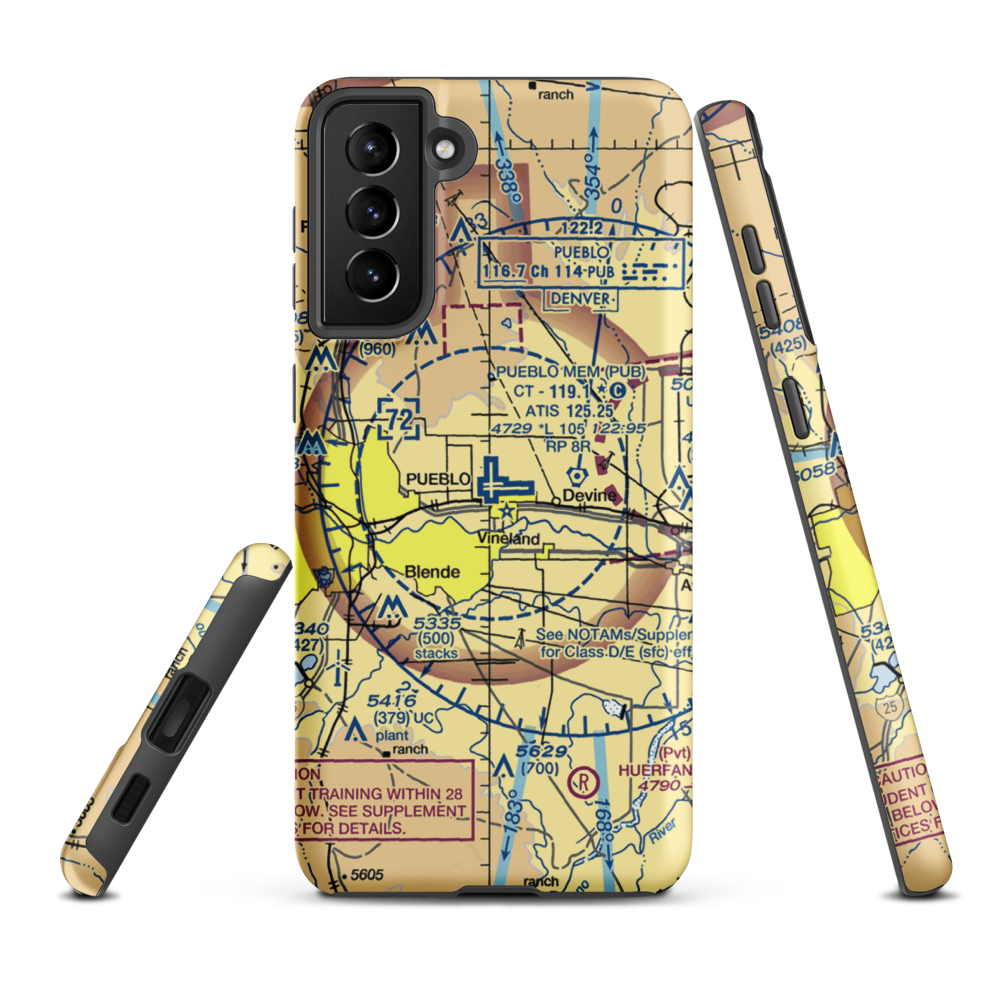 Pueblo Memorial Airport (PUB) VFR Sectional Samsung Phone Case Samsung Galaxy S21 Plus model shown