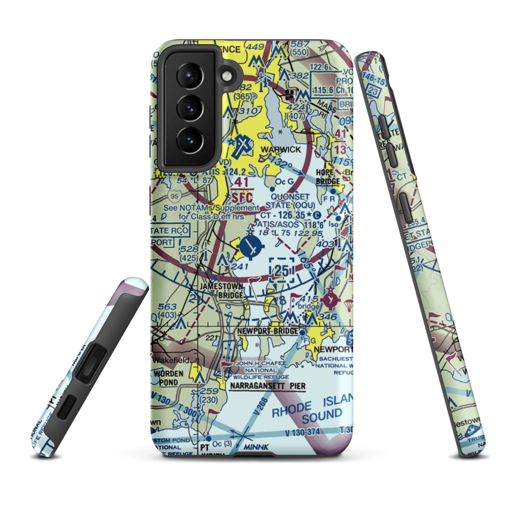 Quonset State Airport (OQU) VFR Sectional Samsung Phone Case Samsung Galaxy S21 FE model shown