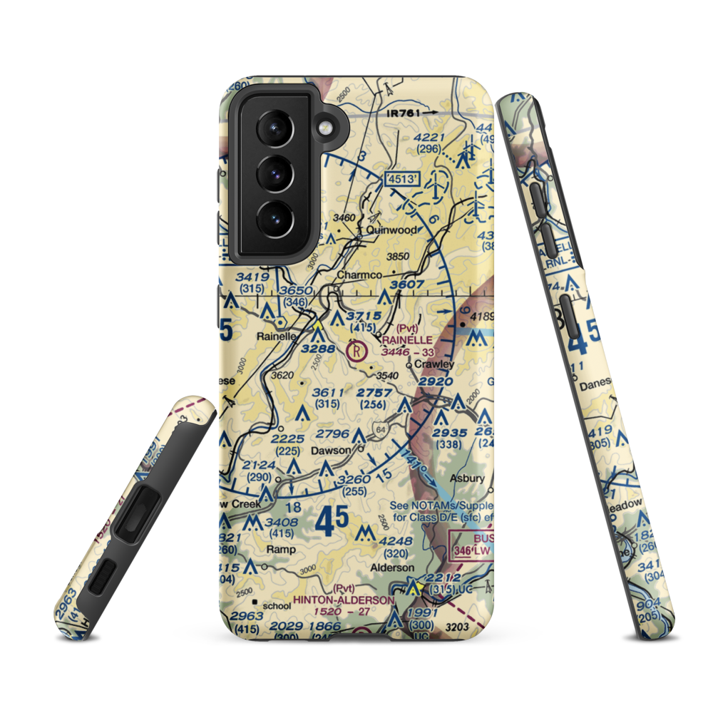 Rainelle Airport (WV30) VFR Sectional Samsung Phone Case Samsung Galaxy S21 FE model shown