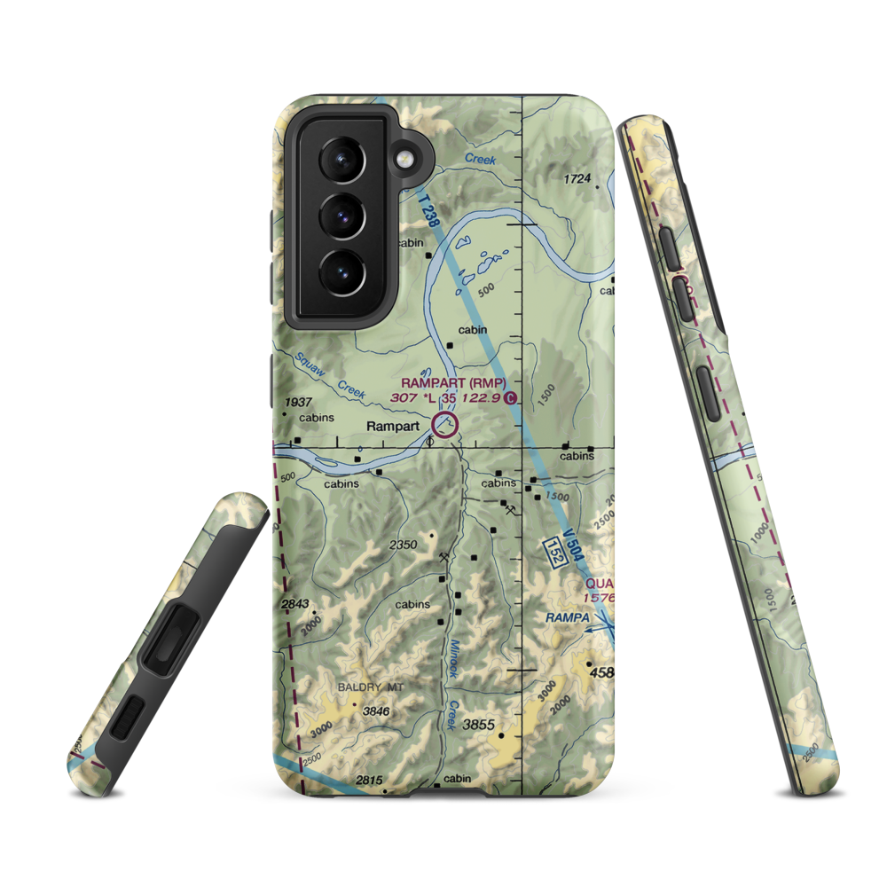 Rampart Airport (RMP) VFR Sectional Samsung Phone Case Samsung Galaxy S21 FE model shown