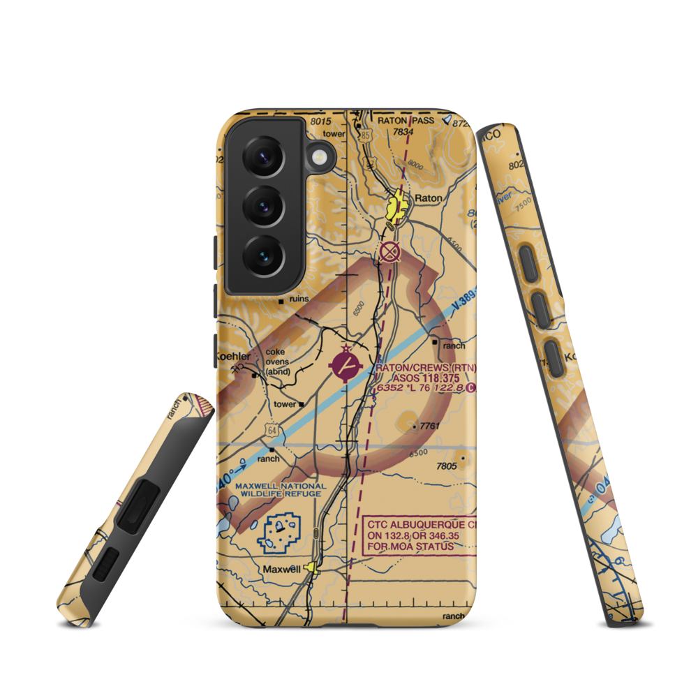 Raton Municipal-Crews Field (RTN) VFR Sectional Samsung Phone Case Samsung Galaxy S22 model shown