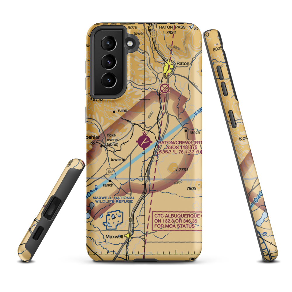 Raton Municipal-Crews Field (RTN) VFR Sectional Samsung Phone Case Samsung Galaxy S21 FE model shown