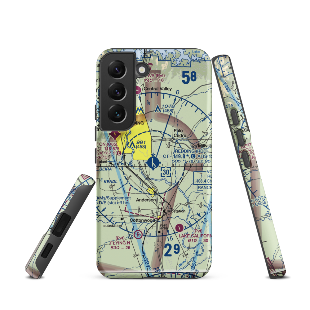Redding Municipal Airport (RDD) VFR Sectional Samsung Phone Case Samsung Galaxy S22 model shown
