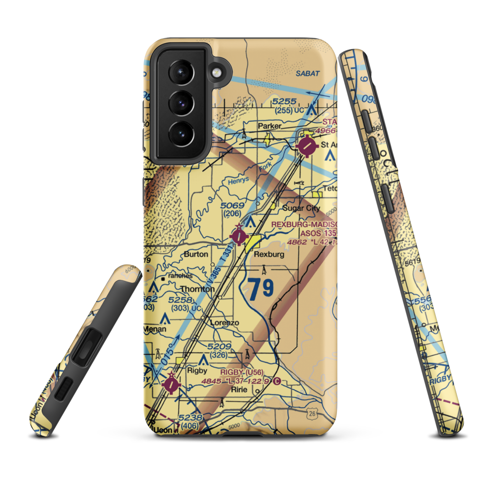 Rexburg Madison County Airport (RXE) VFR Sectional Samsung Phone Case Samsung Galaxy S21 FE model shown