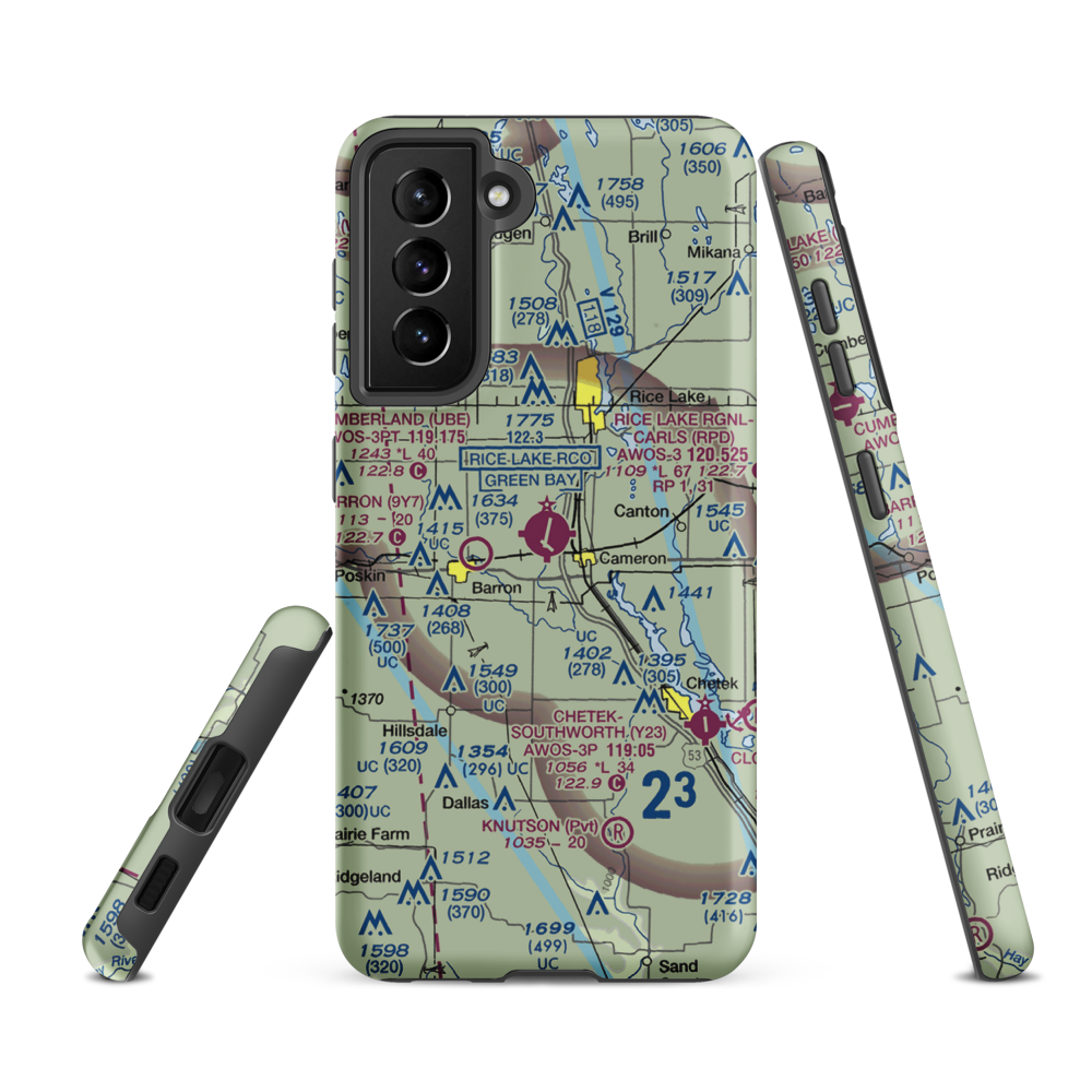 Rice Lake Regional Airport - Carl's Field (RPD) VFR Sectional Samsung Phone Case Samsung Galaxy S21 FE model shown