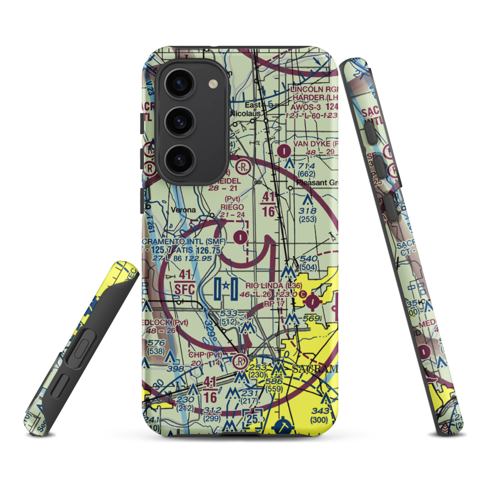 Riego Flight Strip (38CL) VFR Sectional Samsung Phone Case Samsung Galaxy S23 Plus model shown