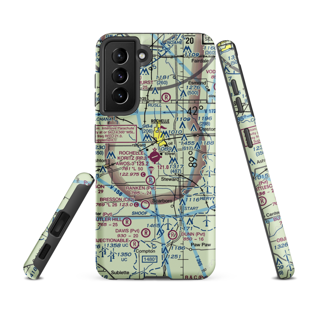 Rochelle Municipal Airport - Koritz Field (RPJ) VFR Sectional Samsung Phone Case Samsung Galaxy S21 FE model shown