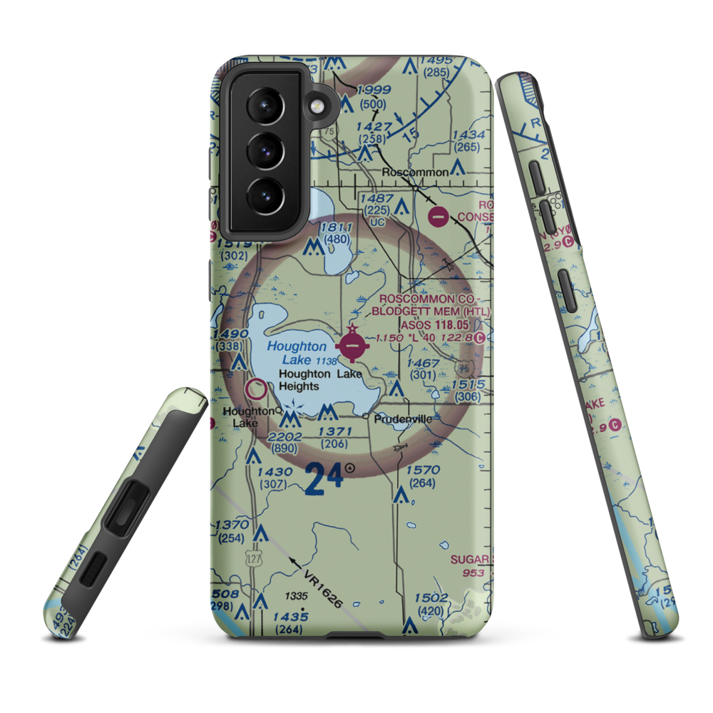 Roscommon County - Blodgett Memorial Airport (HTL) VFR Sectional Samsung Phone Case Samsung Galaxy S21 Plus model shown