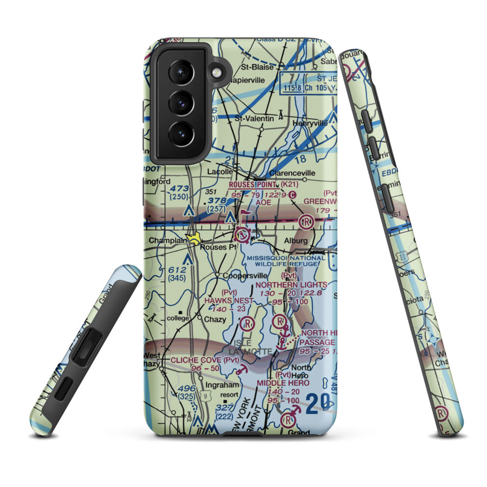Rouses Point Seaplane Base (K21) VFR Sectional Samsung Phone Case Samsung Galaxy S21 Plus model shown