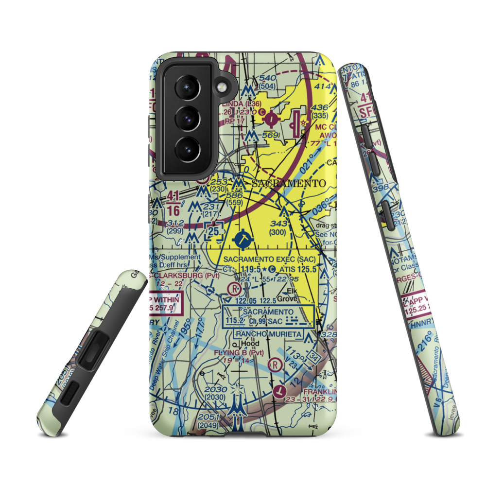 Sacramento Executive Airport (SAC) VFR Sectional Samsung Phone Case Samsung Galaxy S21 FE model shown