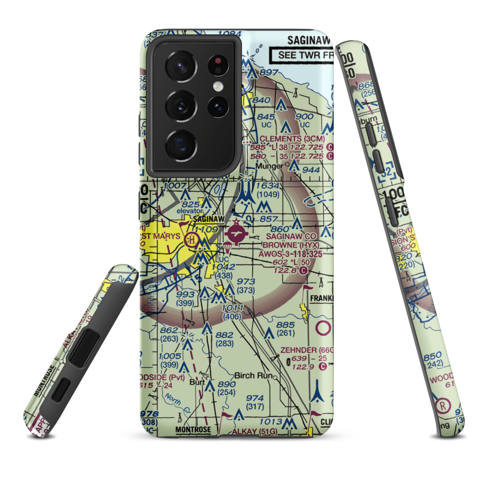 Saginaw County H.W. Browne Airport (HYX) VFR Sectional Samsung Phone Case Samsung Galaxy S21 Ultra model shown