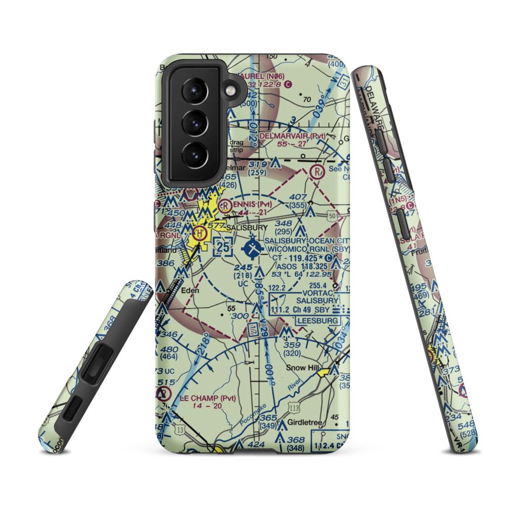 Salisbury Ocean City Wicomico Regional Airport (SBY) VFR Sectional Samsung Phone Case Samsung Galaxy S21 FE model shown