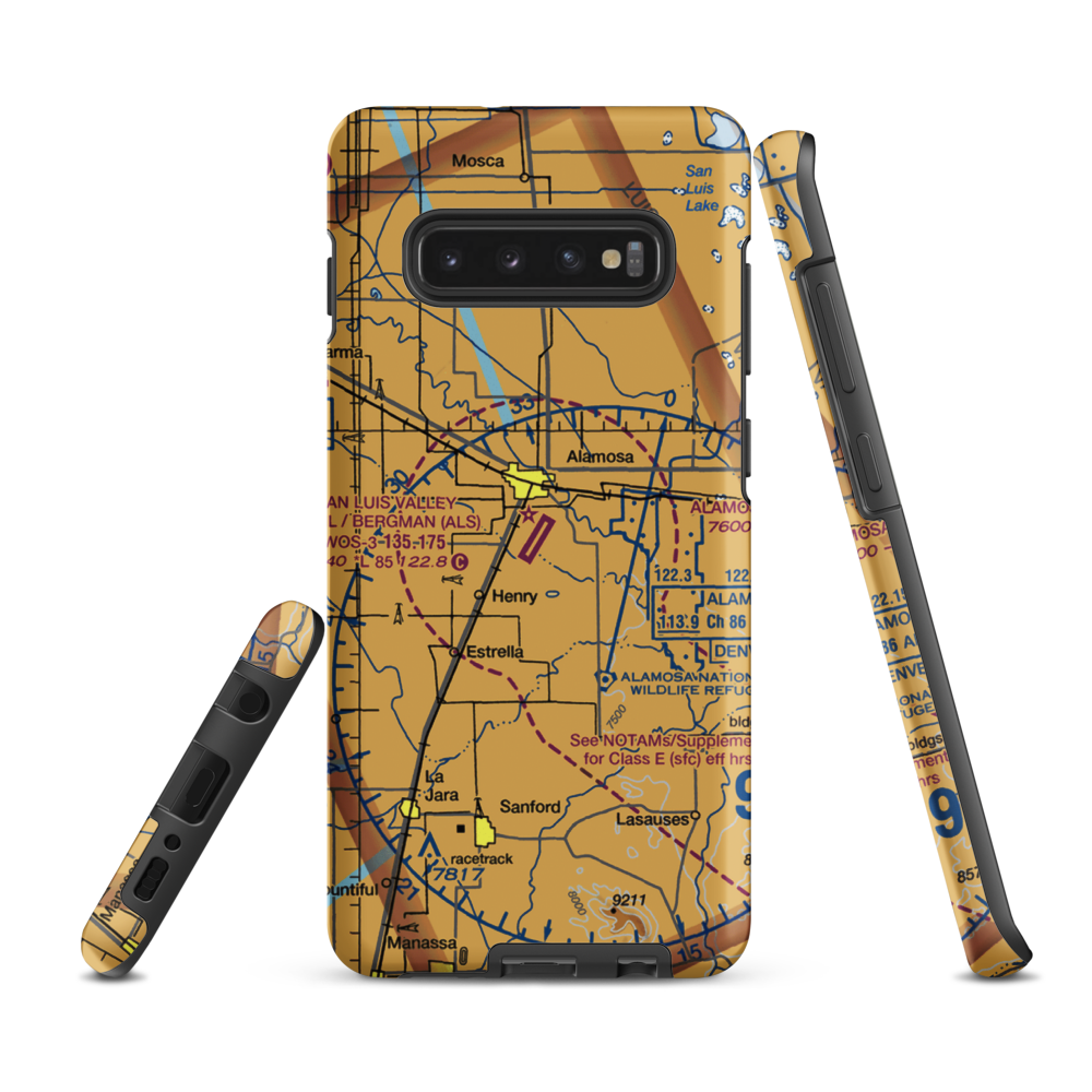 San Luis Valley Regional Bergman Field (ALS) VFR Sectional Samsung Phone Case Samsung Galaxy S10 Plus model shown