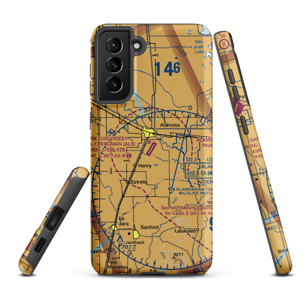 San Luis Valley Regional Bergman Field (ALS) VFR Sectional Samsung Phone Case Samsung Galaxy S21 Plus model shown