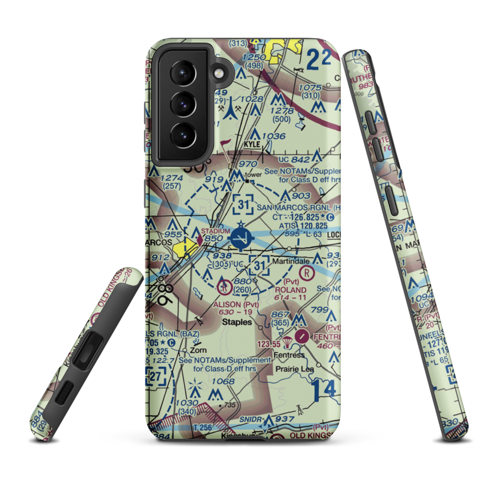 San Marcos Regional Airport (HYI) VFR Sectional Samsung Phone Case Samsung Galaxy S21 Plus model shown