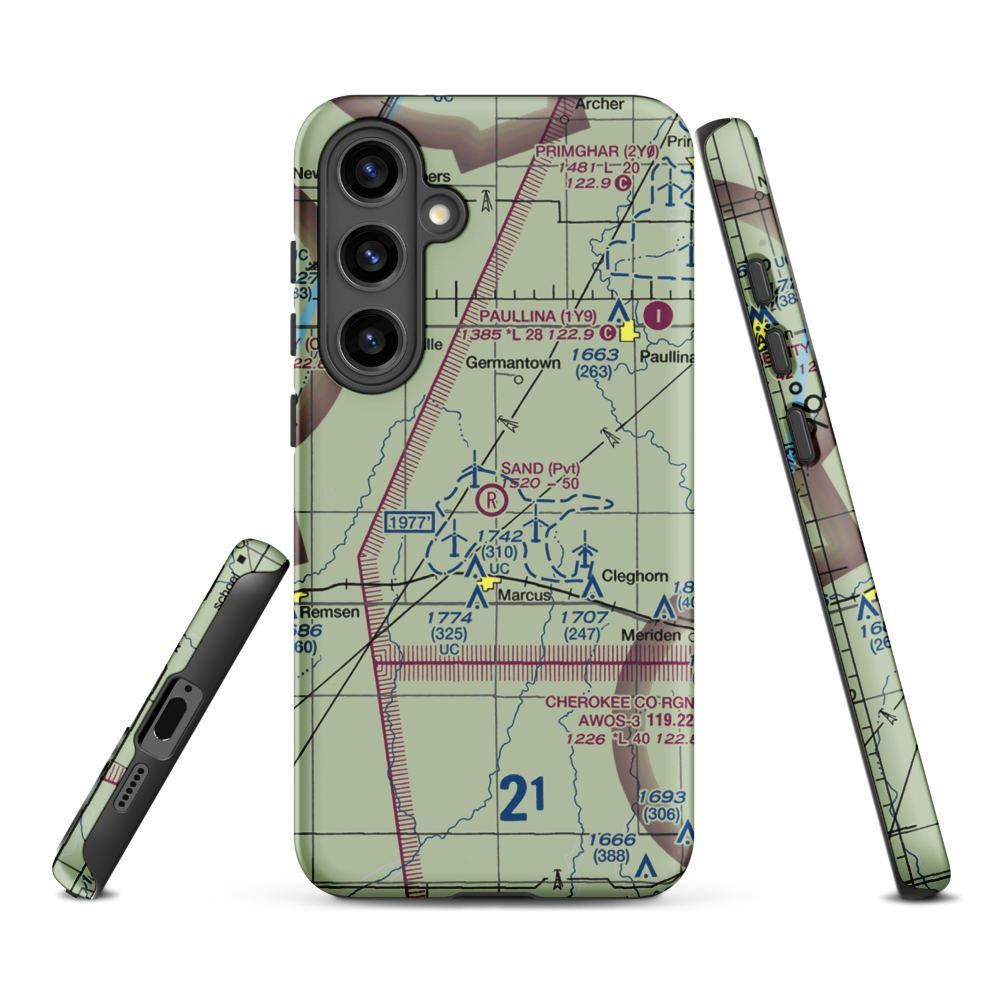 Sand Field Airport (IA69) VFR Sectional Samsung Phone Case Samsung Galaxy S24 Plus model shown