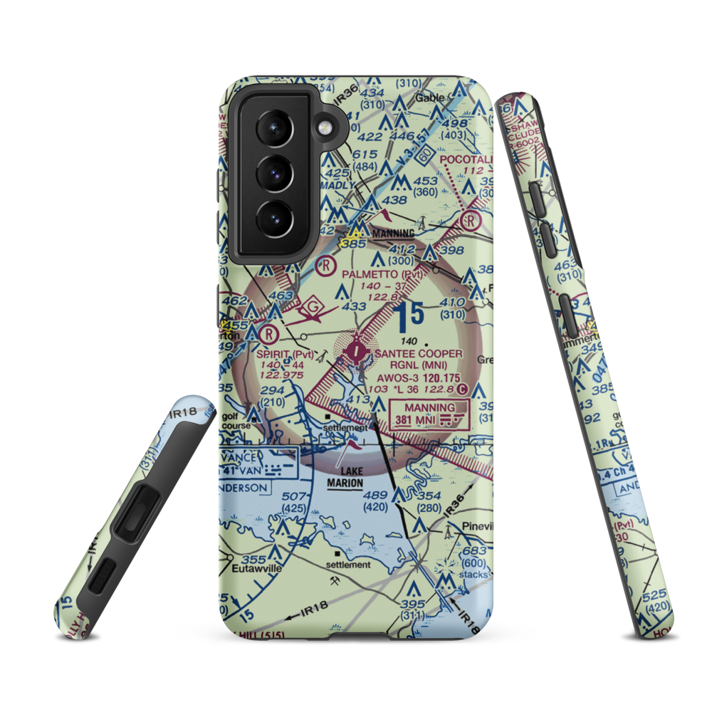 Santee Cooper Regional Airport (MNI) VFR Sectional Samsung Phone Case Samsung Galaxy S21 FE model shown