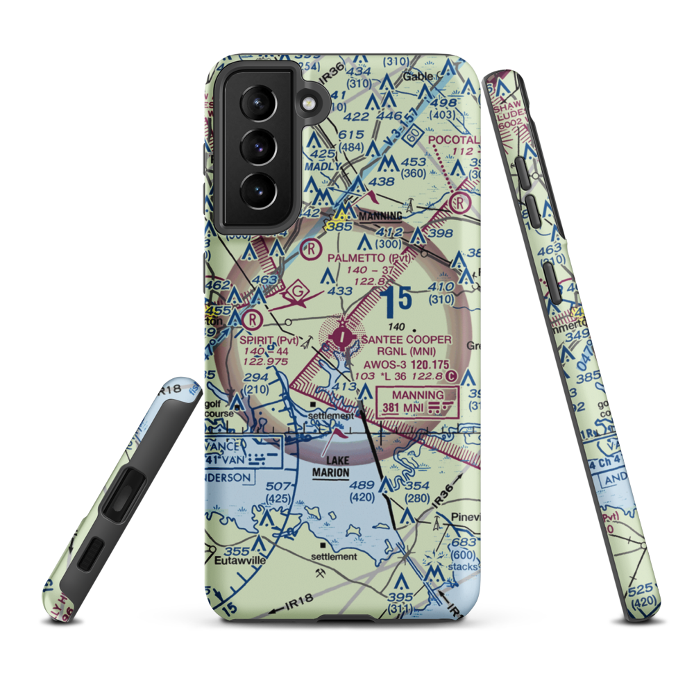 Santee Cooper Regional Airport (MNI) VFR Sectional Samsung Phone Case Samsung Galaxy S21 FE model shown