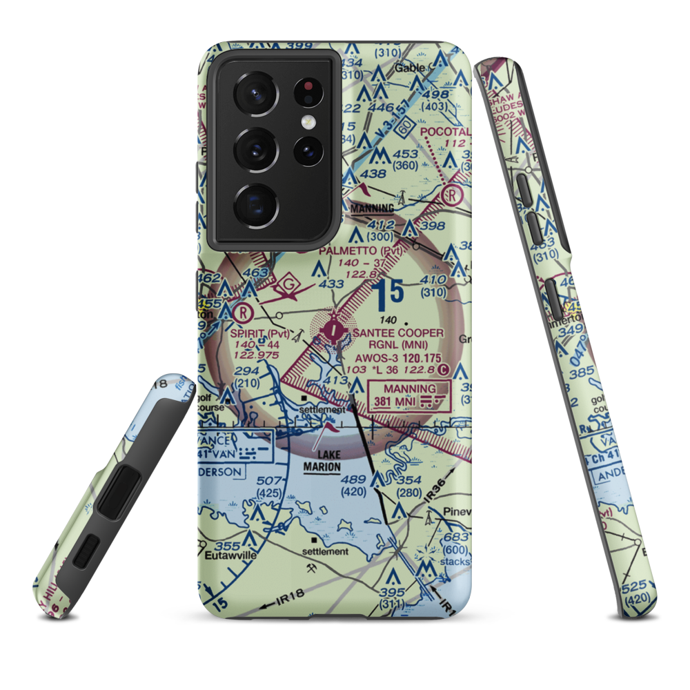 Santee Cooper Regional Airport (MNI) VFR Sectional Samsung Phone Case Samsung Galaxy S21 Plus model shown