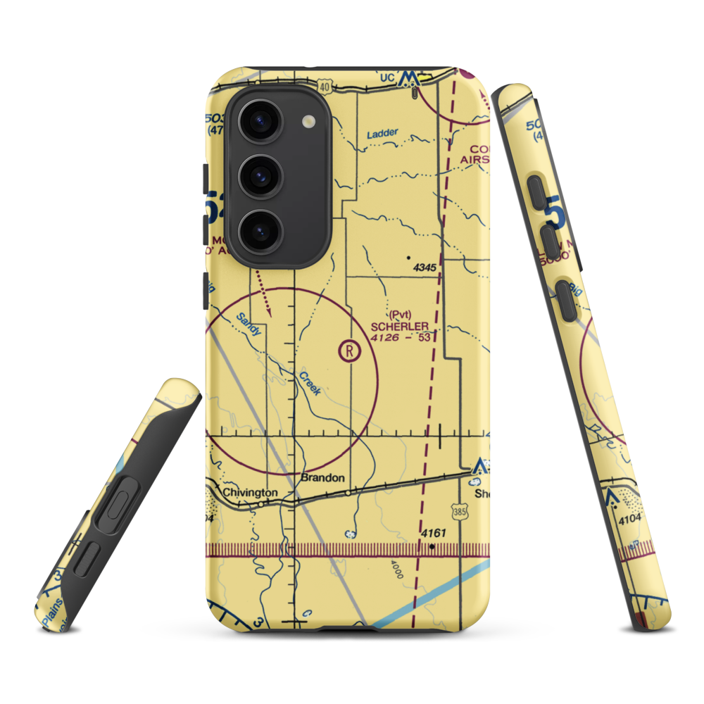 Scherler Private Airstrip (9CO5) VFR Sectional Samsung Phone Case Samsung Galaxy S23 Plus model shown