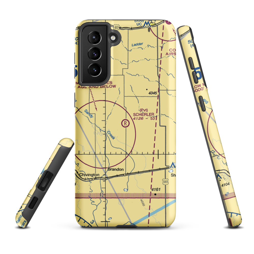 Scherler Private Airstrip (9CO5) VFR Sectional Samsung Phone Case Samsung Galaxy S21 Plus model shown