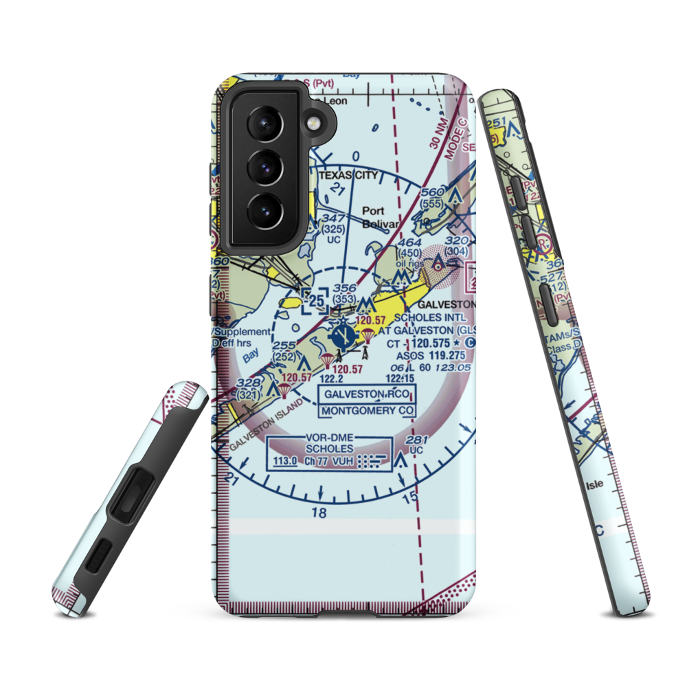 Scholes International At Galveston Airport (GLS) VFR Sectional Samsung Phone Case Samsung Galaxy S21 FE model shown