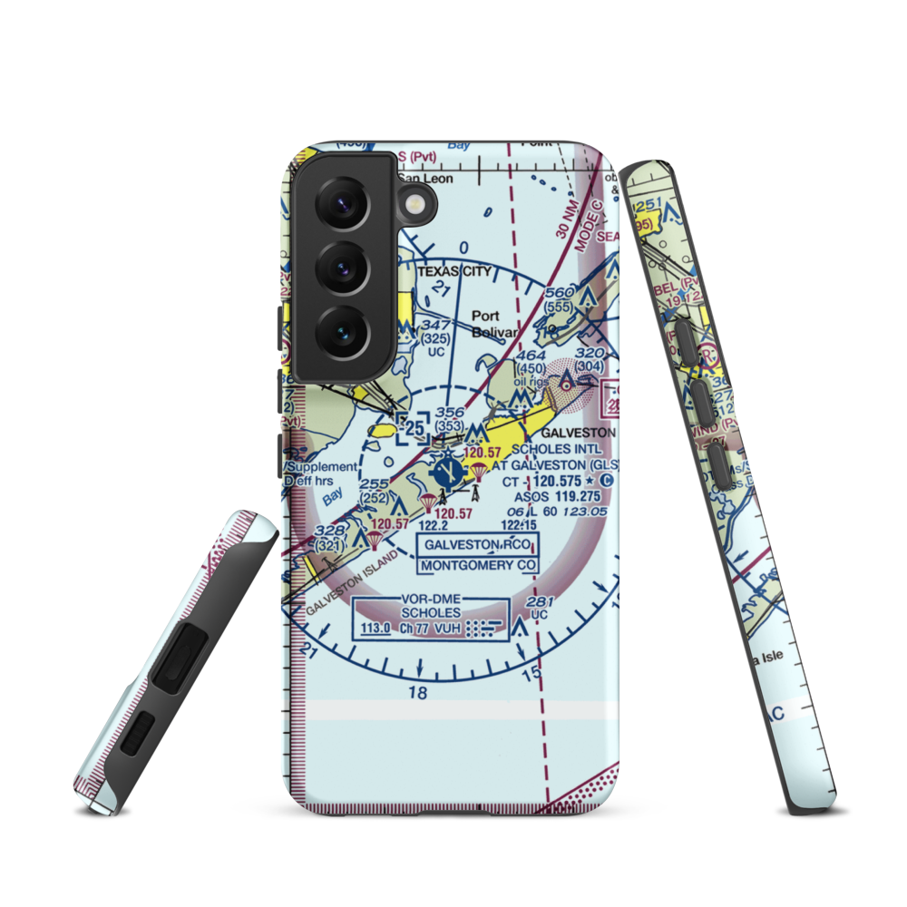 Scholes International At Galveston Airport (GLS) VFR Sectional Samsung Phone Case Samsung Galaxy S22 model shown