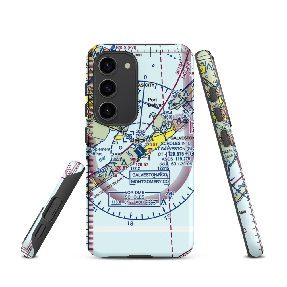 Scholes International At Galveston Airport (GLS) VFR Sectional Samsung Phone Case Samsung Galaxy S23 model shown