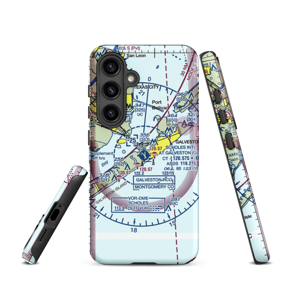 Scholes International At Galveston Airport (GLS) VFR Sectional Samsung Phone Case Samsung Galaxy S24 model shown
