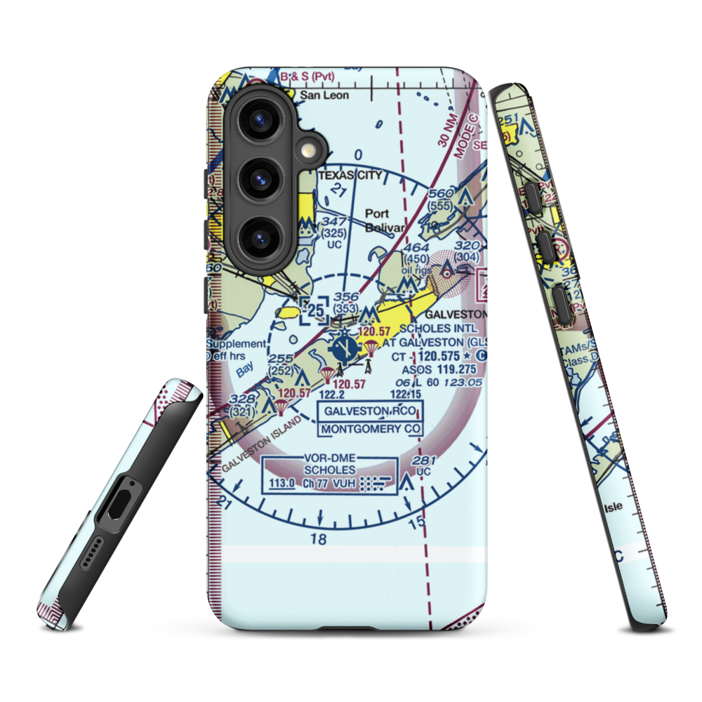 Scholes International At Galveston Airport (GLS) VFR Sectional Samsung Phone Case Samsung Galaxy S24 Plus model shown