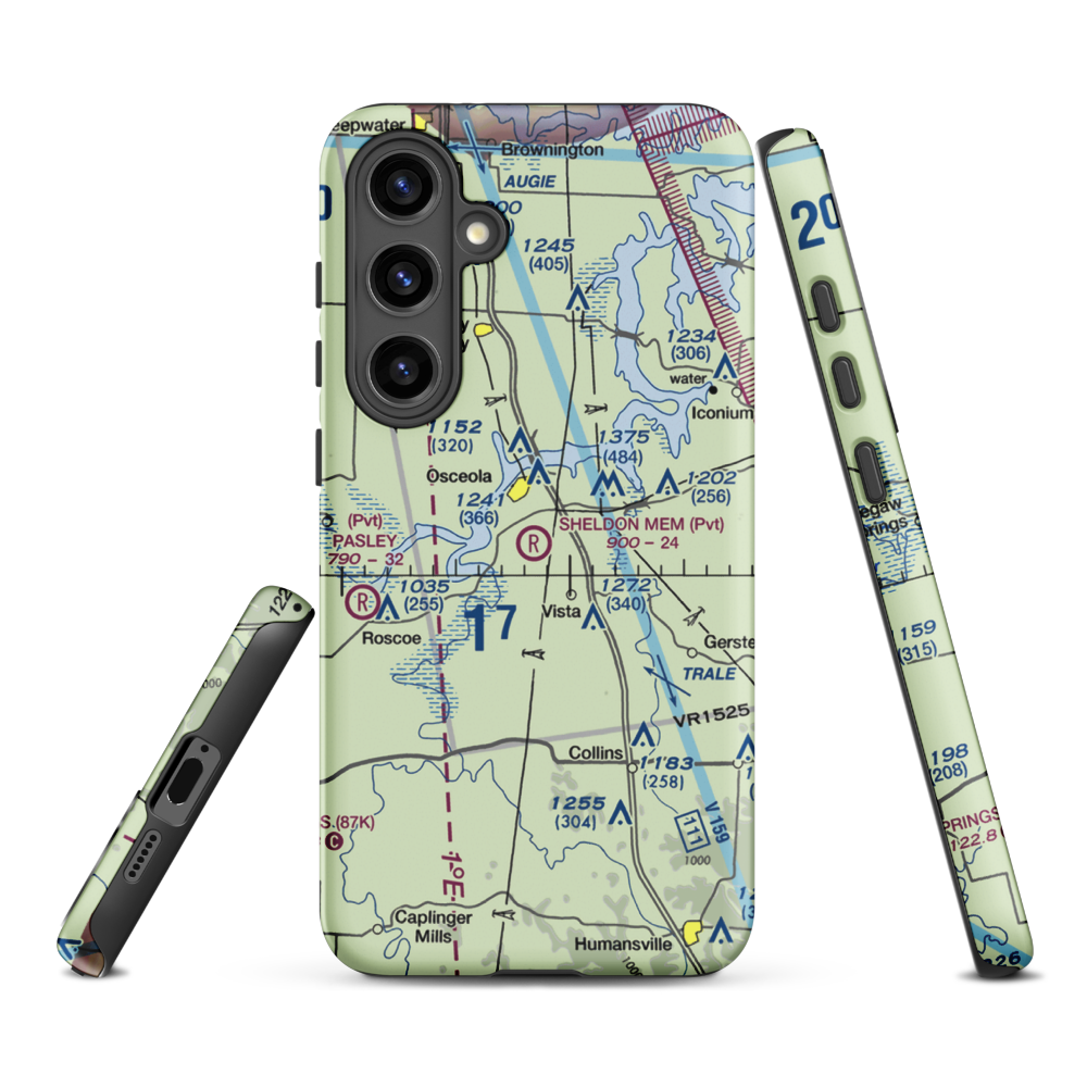 Sean D Sheldon Memorial Airfield (3MO) VFR Sectional Samsung Phone Case Samsung Galaxy S24 Plus model shown