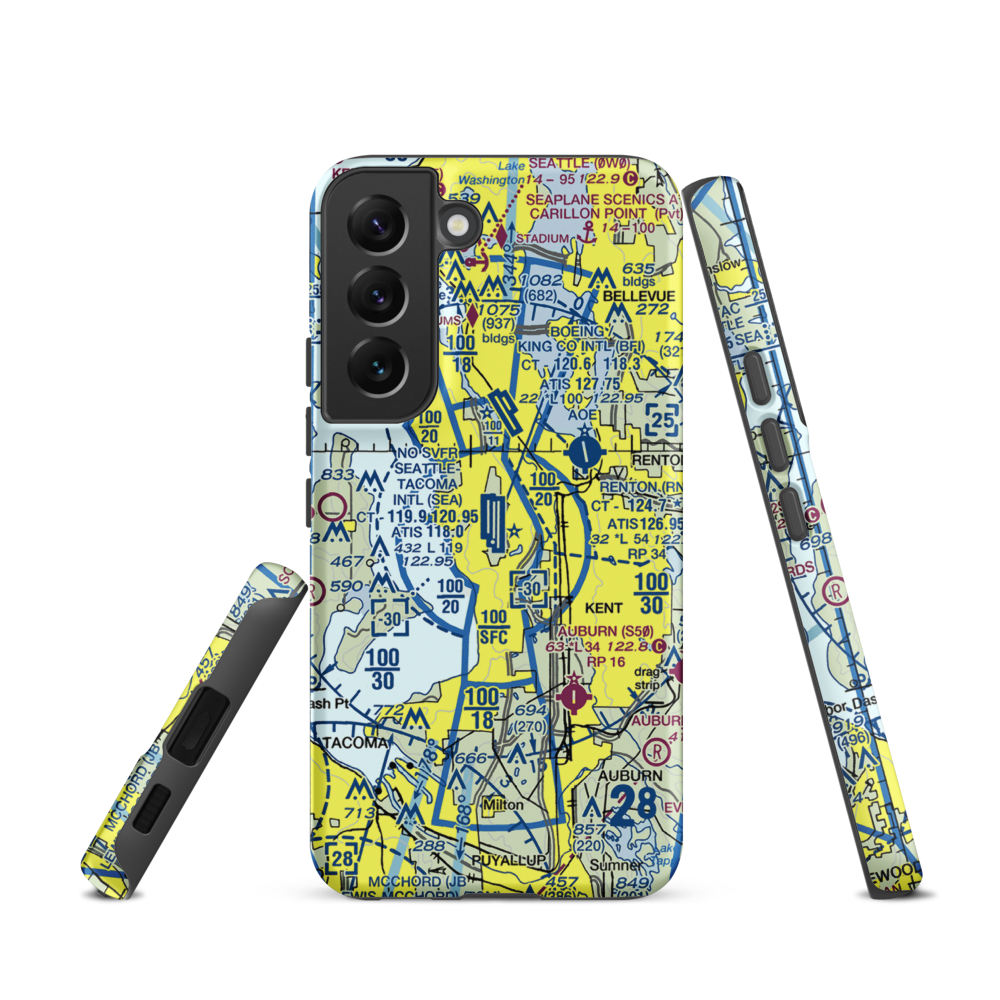 Seattle Tacoma International Airport (SEA) VFR Sectional Samsung Phone Case Samsung Galaxy S22 model shown