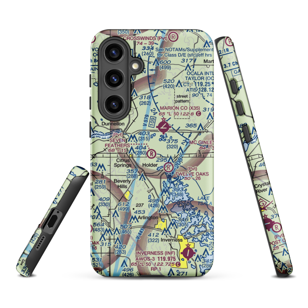 Seven Feathers Airport (10FD) VFR Sectional Samsung Phone Case Samsung Galaxy S24 Plus model shown