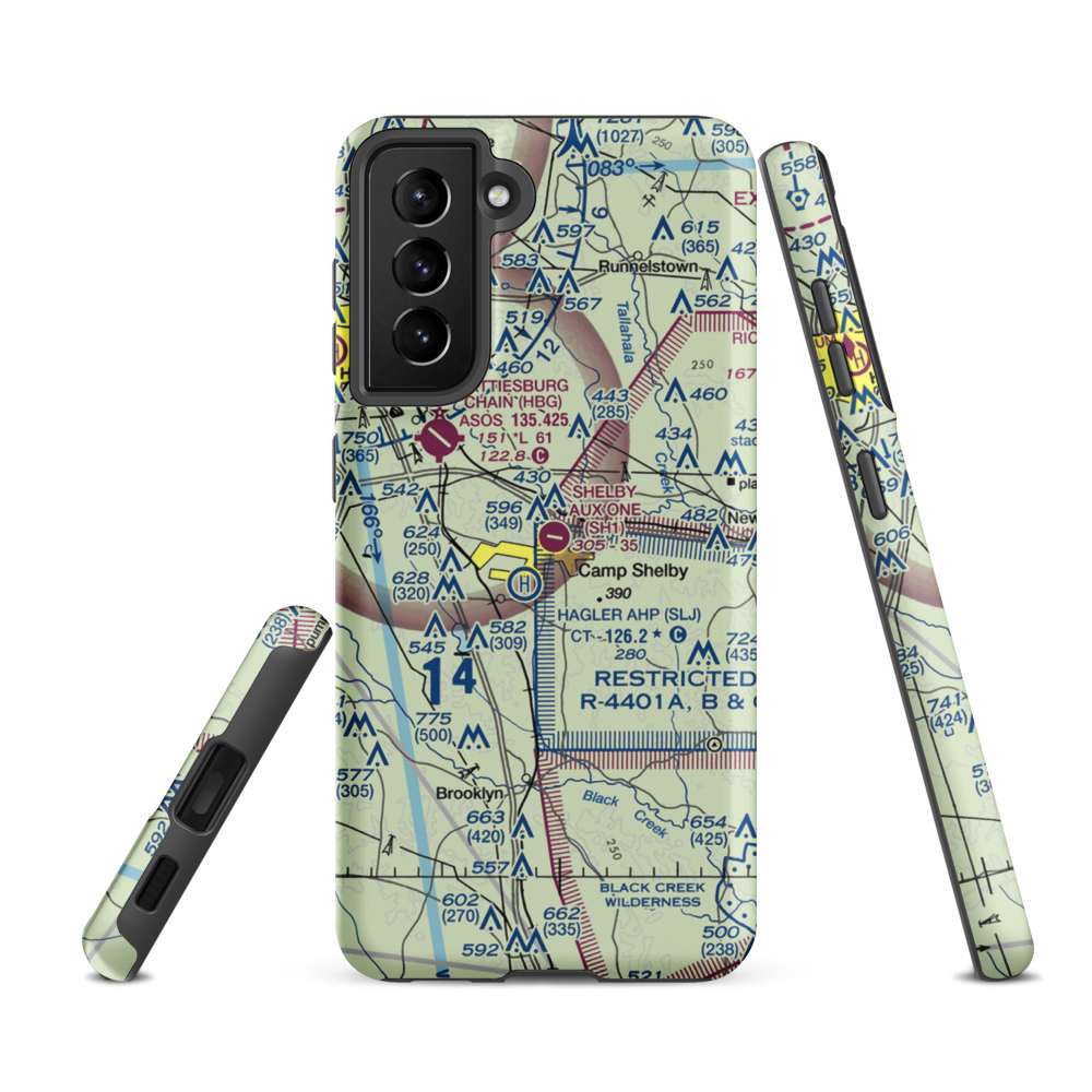 Shelby Auxiliary Field One Airport (SH1) VFR Sectional Samsung Phone Case Samsung Galaxy S21 FE model shown